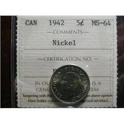 1942 Nickel 5¢ ICCS MS64, fully struck with very clean surfaces.