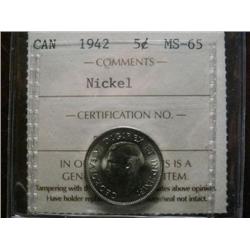 1942 5 Cents Nickel ICCS MS65.  Fully struck with strong lustre.  Lovely surfaces.  Rare and very po