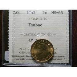 1942 "Tombac"  5¢  ICCS MS65.  Fully struck with full orange gold luster.  A true "Gem"
