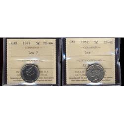 1947 Dot EF40, 1977 "Low 7" MS64 5¢, both varieties are ICCS graded.
