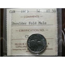1953  SF "MULE"  5¢  ICCS MSAU50. Well struck with some lustre.  Scarce in this condition.