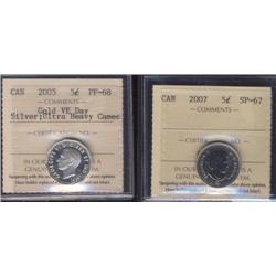 2005 5¢ Gold VE Day ICCS PF68 UHC, 2007 ICCS SP67. Lot of two 5 cents.