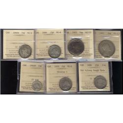 Lot of 7 ICCS graded coins. 10 Cents; 1902H VG8, 25 Cents; 1870 Obv.1 VG8, 1886 Obv.4 G6, 1890H VG8,