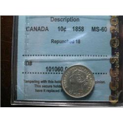 1858 10¢  CCCS MS60. Brilliant with some gold tone.