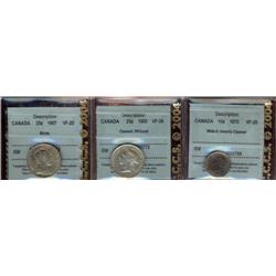 Lot of three Ten cents, all CCCS graded with comments, 1870 VF20 Wd 0 Harshly cleaned, 1900 25¢ VF30