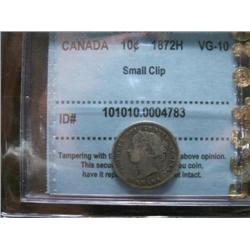 1872H 10¢ CCCS VG10 (Clip), Overall nice key date coin with very minor rim bump.