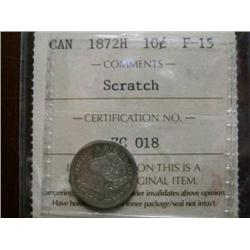1872H  10¢ ICCS F15, lightly toned with a very small scratch hidden by toning.  Hardly noticeable.
