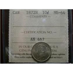 1872H  10¢ ICCS MS64.  Fully struck with great lustre.  Mostly brilliant with a touch of golden tone