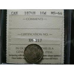1874H  10¢  ICCS MS64PQ+.  Fully struck with incredible toning. Full underlying luster.  A near "Gem