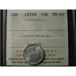 1874H  10¢  ICCS MS65.  Fully struck with full luster.  A true  Gem .  Rarely seen better.