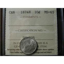 1874H  10¢  ICCS MS65.  Fully struck with full luster.  A true "Gem".  Rarely seen better.