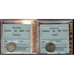 Lot of two Ten cents, both CCCS graded, 1880 F15 and 1899 VF30.