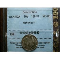 1880H Obv.1 10¢ CCCS MS63, multi-hued toning.  A nice Victorian example.