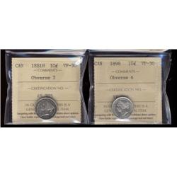 1881H Obv.2, 1898 Obv.6 10¢, both ICCS graded VF30