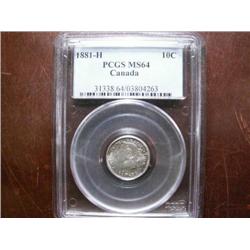 1881H 10¢ PCGS MS64.  WOW.  A Must see coin. Full frosty white finish with a hint of toning.. An abs