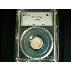 1882H  10¢ PCGS MS63.Nice russet tone over full underlying luster.  A tough date!