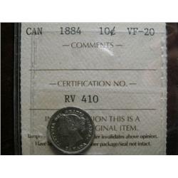1884 10¢,ICCS VF20.  A very clean, brilliant problem free example. Key date.