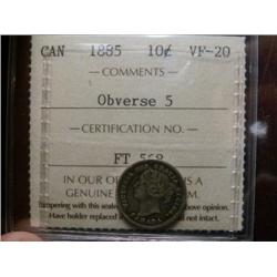 1885 10¢ ICCS VF20 Obv 5.  Well struck problem free coin. A rare "Obverse"