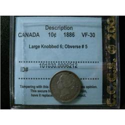 1886 Large Knobbed 6, obverse 5, 10¢  CCCS VF30. Medium toning.