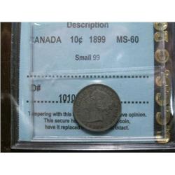 1899 Small 9's 10¢ CCCS MS60.  Toned.