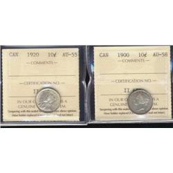 Lot of 2 ICCS graded Ten cents;1900 AU58, 1920 AU55. Both lightly toned.