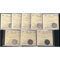 Lot of 8 ICCS graded Ten cents;1901, 1903, 1904, 1905, 1906, 1909 BL, 1914, 1935.  All VF20 except t
