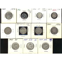 Lot of 11 pieces.10 Cents;1903, 1930, 1961 25 Cents; 1870, 1892, 1907, 1908, 1909, 1937, 1939, 1945.