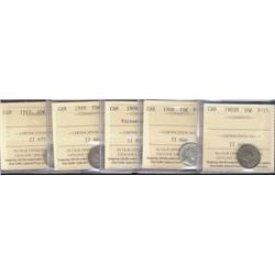 Lot of 5 ICCS graded Ten cents;1903H, 1908, 1909 VL,1910, 1915.  All F15