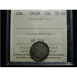 1903H 10¢ ICCS MS65.   Brownish and bluish tint gives this example great eye appeal. A lovely GEM ex