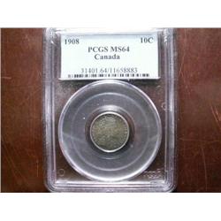 1908 10¢  PCGS MS64PQ.  Superbly toned with full underlying  luster