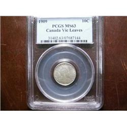 1909 Victorian leaves 10¢ PCGS MS63.  A full white and lightly frosted finish.