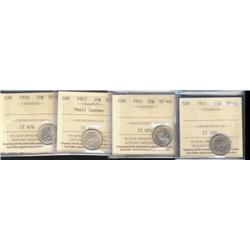 Lot of 4 ICCS graded Ten cents;1911 EF45, 1912 EF40, 1913 SL EF45, 1916 EF40.