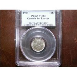 1913 Small leaves 10¢ PCGS MS65.  Superb toning and well struck example.