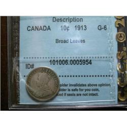 1913 BL 10¢ ICCS G6, a nice key coin with visible date.