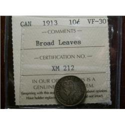 1913 Broad Leaves 10¢  ICCS VF30.  Nicely toned.  Scarce variety.
