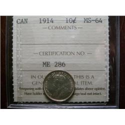1914 10¢  ICCS MS64.  Touch of golden tone over full lustre.  A sharp example.