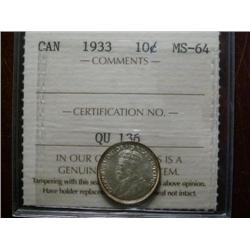 1933 10¢  ICCS MS64.  Brilliant with full lustre.  Nice example.