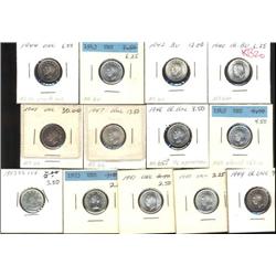 Lot of 13 Ten Cents; 1940, 1942, 1943, 1944, 1945, 1946, 1947, 1948, 1949, 1950, 1951, 1953NSF, 1953