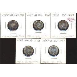 Lot of 5 Ten Cents; 1942, 1943,1944, 1947 (2). All coins are MS62 or better.
