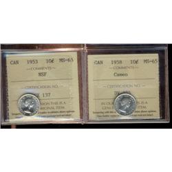 1953 NSF & 1958 10¢ ICCS MS65, Lot of two coins both brilliant and lustrous.