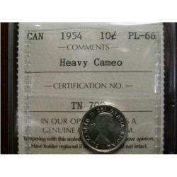 1954 10¢  ICCS PL66 HEAVY CAMEO. Full luster with reflective surfaces.  Scarce so nice!