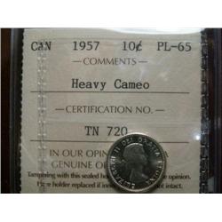 1957 10¢  ICCS PL65 HEAVY CAMEO. Full luster with reflective surfaces.