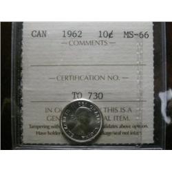 1962 10¢ ICCS MS66.  Fabulous eye appeal with great luster.