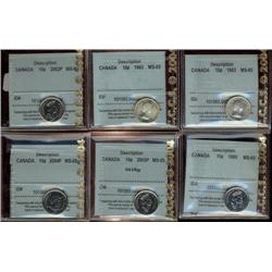 Lot of 6 CCCS graded Ten cents; 1963 (2), 1999, 2002P, 2003P Old effigy, 2004P.  All MS65.