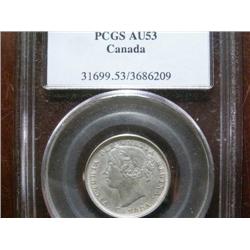 1858 20¢ PCGS AU53.  Brilliant and lustrous.