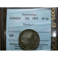 1870 25¢ CCCS VF30, greyish in colour.