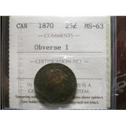 1870 25¢ ICCS MS63. Superb and intense autumn shades over full underlying luster.  A sharp example!