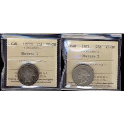 1871 Obv.2 VF20, 1872H Obv.2 VF30 25¢, both ICCS graded.