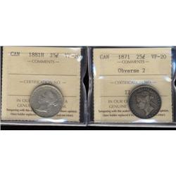 Lot of 2 ICCS graded Twenty-five cents;1871 Obv.2, 1881H.  Both VF20