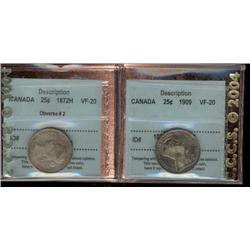Lot of 2 Twenty-five cents, both CCCS VF20 graded.  1872H Obv.2 and 1909